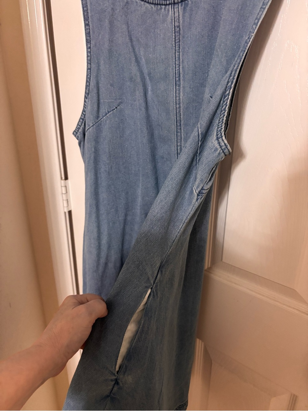 Sleeveless Light Wash Denim Dress with Back Cutout and side pockets - Picture 3 of 7